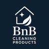 Logo of BnB Cleaning Products with a house, leaf, and star design on a dark blue background.